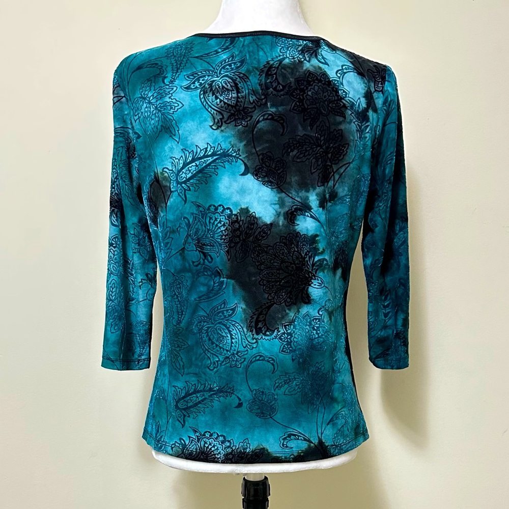 Sami & Jo Blue Green w Black Square Neckline Ruched Down Front Blouse Top LP - Picture 11 of 15